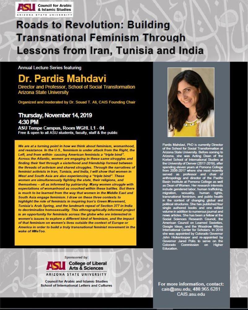 Annual lecture series Roads to Revolution: Building Transnational Feminism Through Lessons from Iran, Tunisia and India flyer