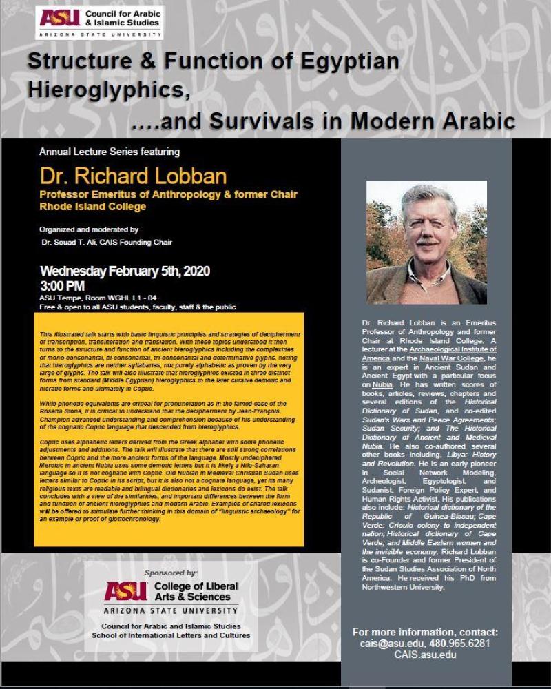 Annual lecture series Structure & Function of Egyptian Hieroglyphics and Survivals of Modern Arabic flyer