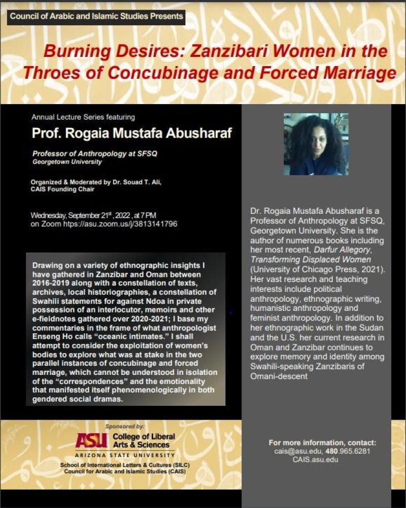 Annual lecture series Burning Desires: Zanzibari Women in the Throes of Concubinage and Forced Marriage flyer