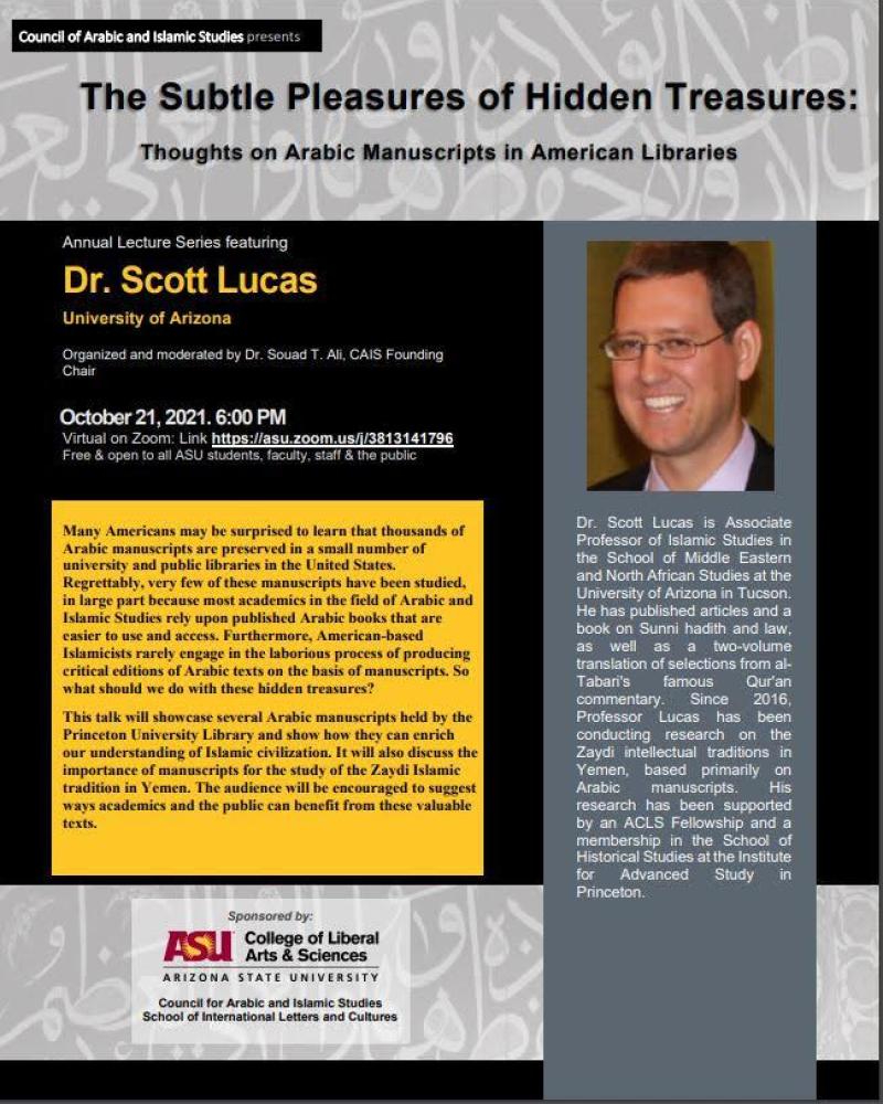 Annual lecture series The Subtle Pleasures of Hidden Treasures: Thoughts on Arabic Manuscripts in American Libraries flyer